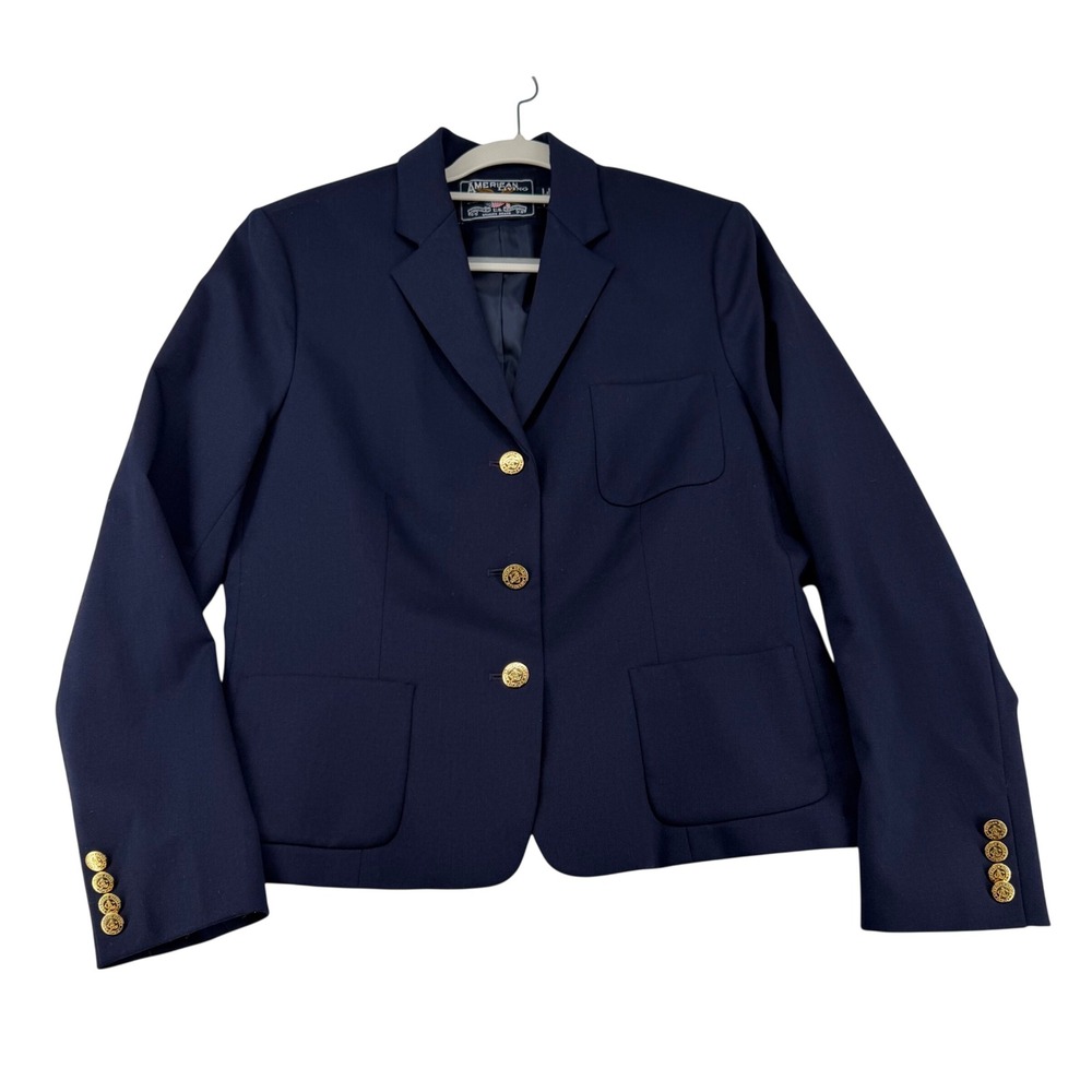 American Living Navy Blue Wool Blend Gold Button Blazer Jacket Womens Size 12
